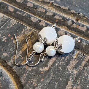 White Jade Gemstone White Faux Pearl Antiqued Silver Dangle Earrings